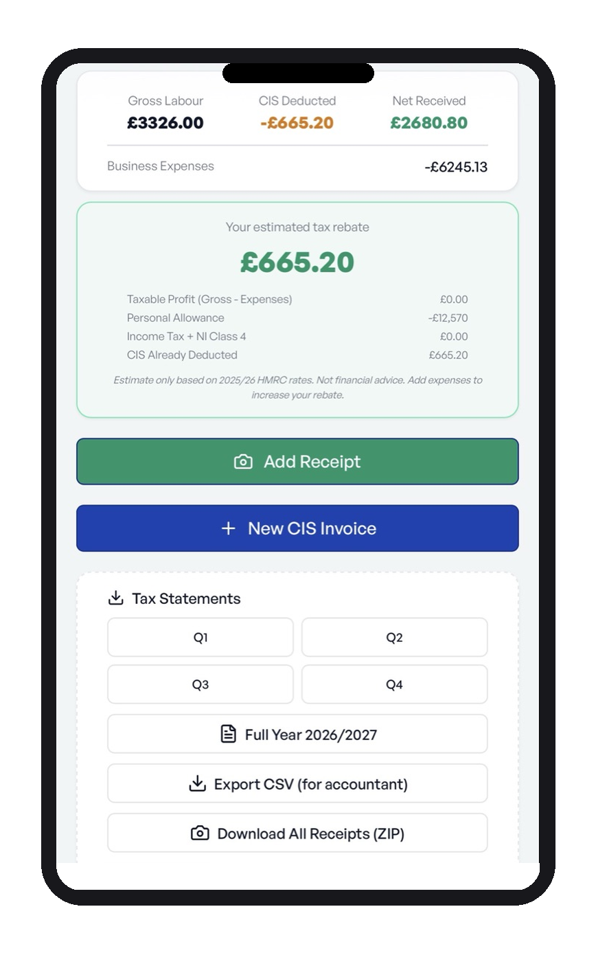 Dashboard summary: Gross Labour £3,326, CIS Deducted -£665.20, Net Received £2,680.80, Your estimated tax rebate £665.20, Tax Statements Q1–Q4 plus Full Year 2026/2027 export