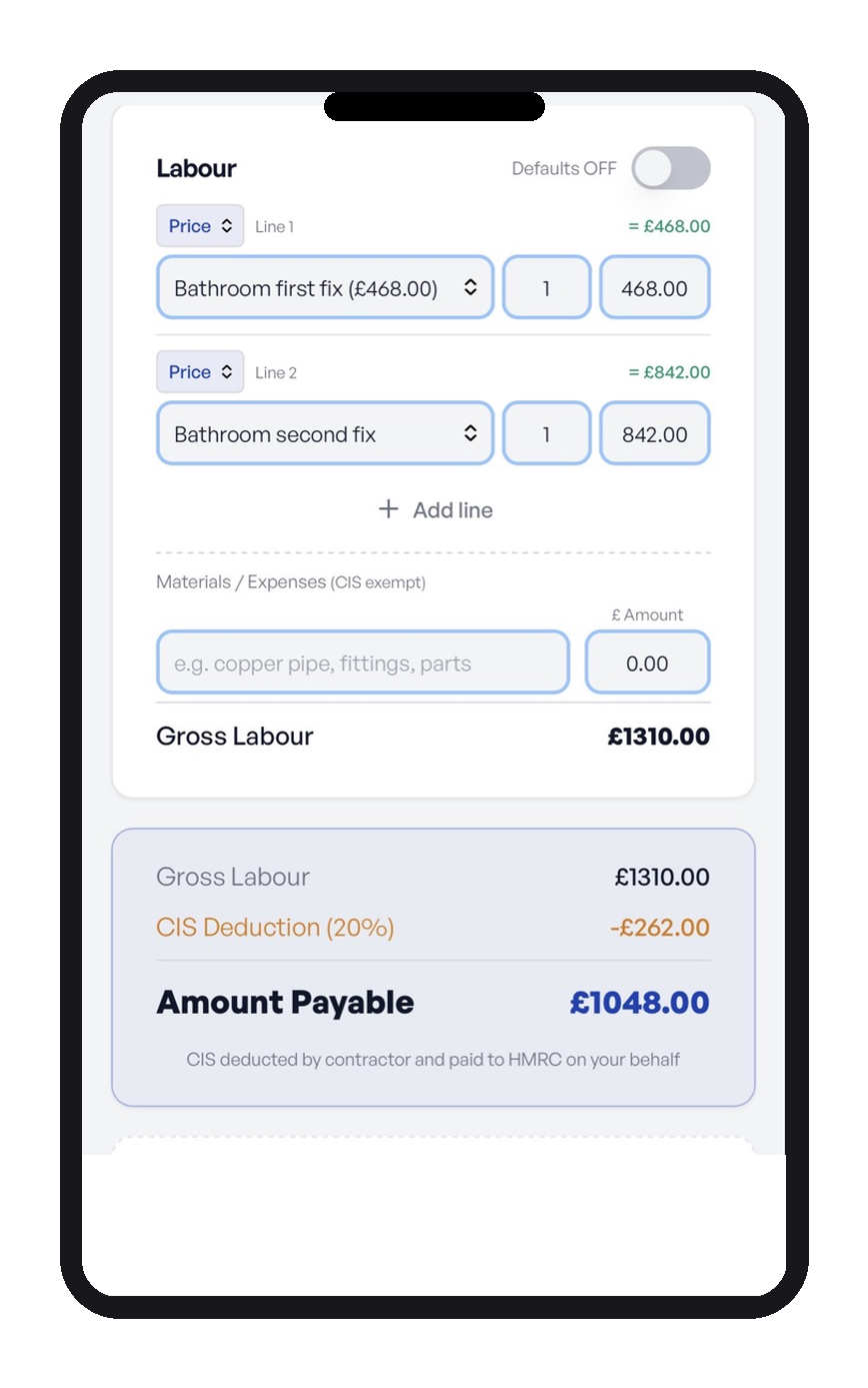 Invoice form: labour lines (Bathroom first fix £468, second fix £842), materials line, Gross Labour £1,310, CIS Deduction (20%) -£262, Amount Payable £1,048