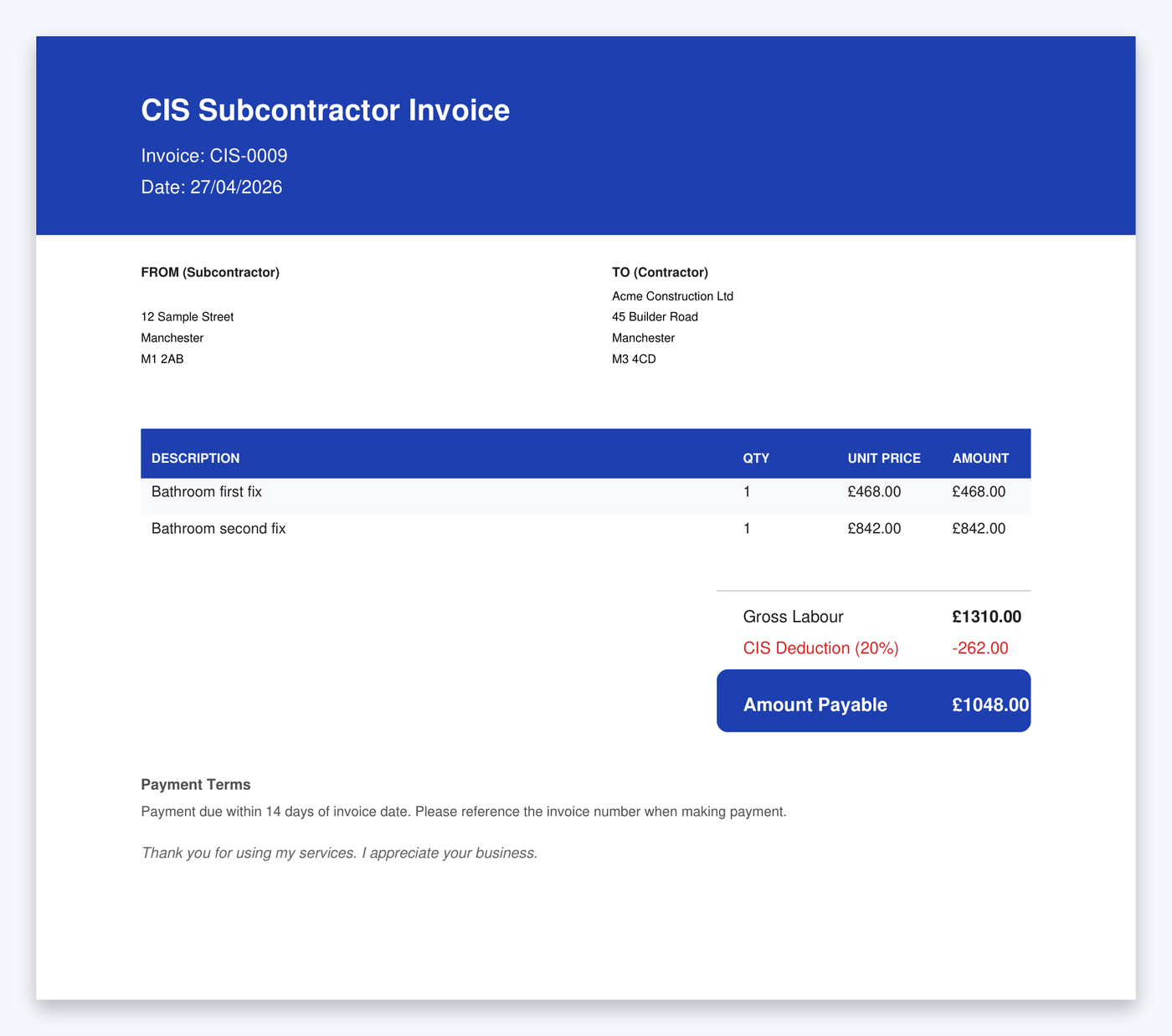 Generated CIS invoice PDF: FROM John Smith TO Acme Construction Ltd, Bathroom first/second fix line items, Gross Labour £1,310, CIS Deduction (20%) -£262, Amount Payable £1,048